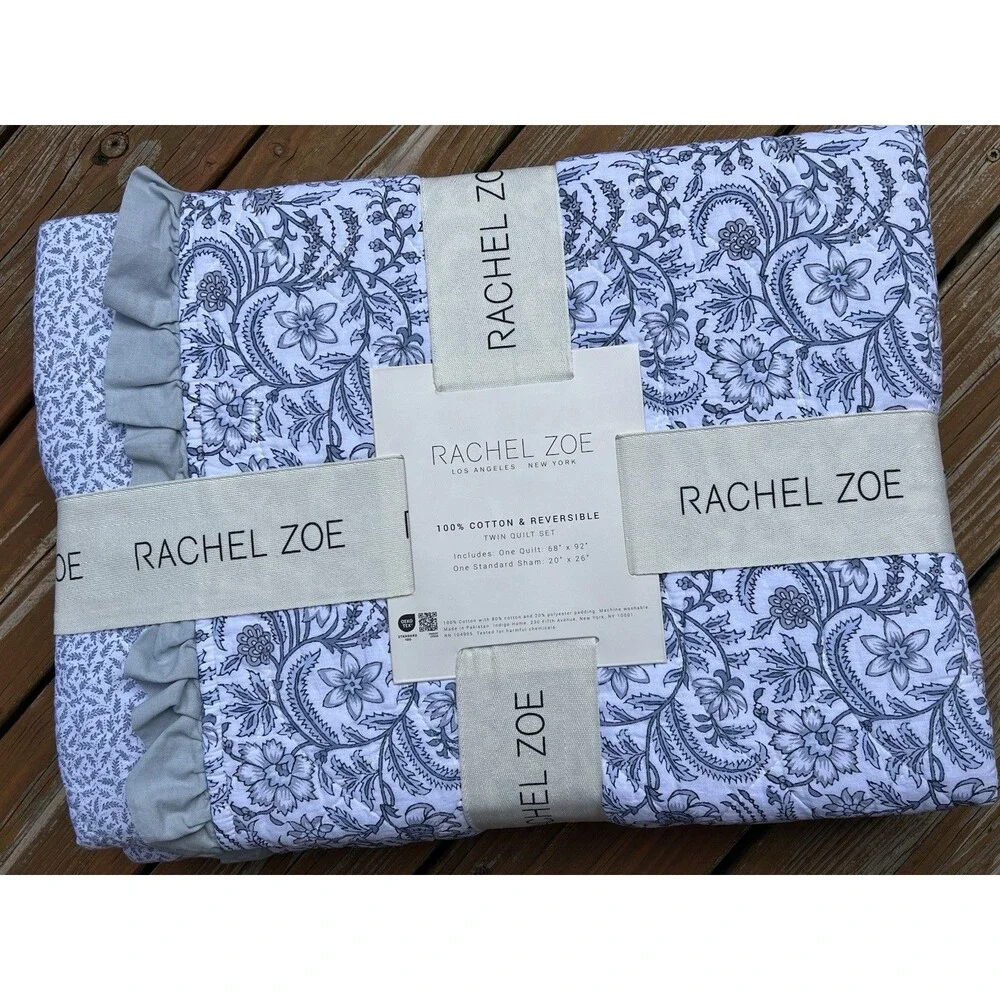 Rachel Zoe Multicolor Floral Reversible TWIN Quilt Cotton Ruffled